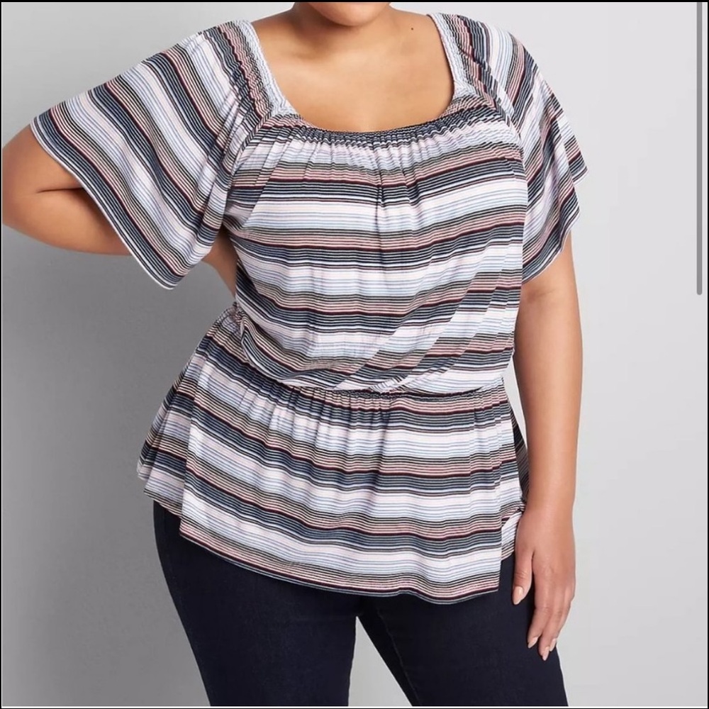 Lane Bryant Printed Flutter-Sleeve Square-Neck Blouse With Elastic Waist 14/16